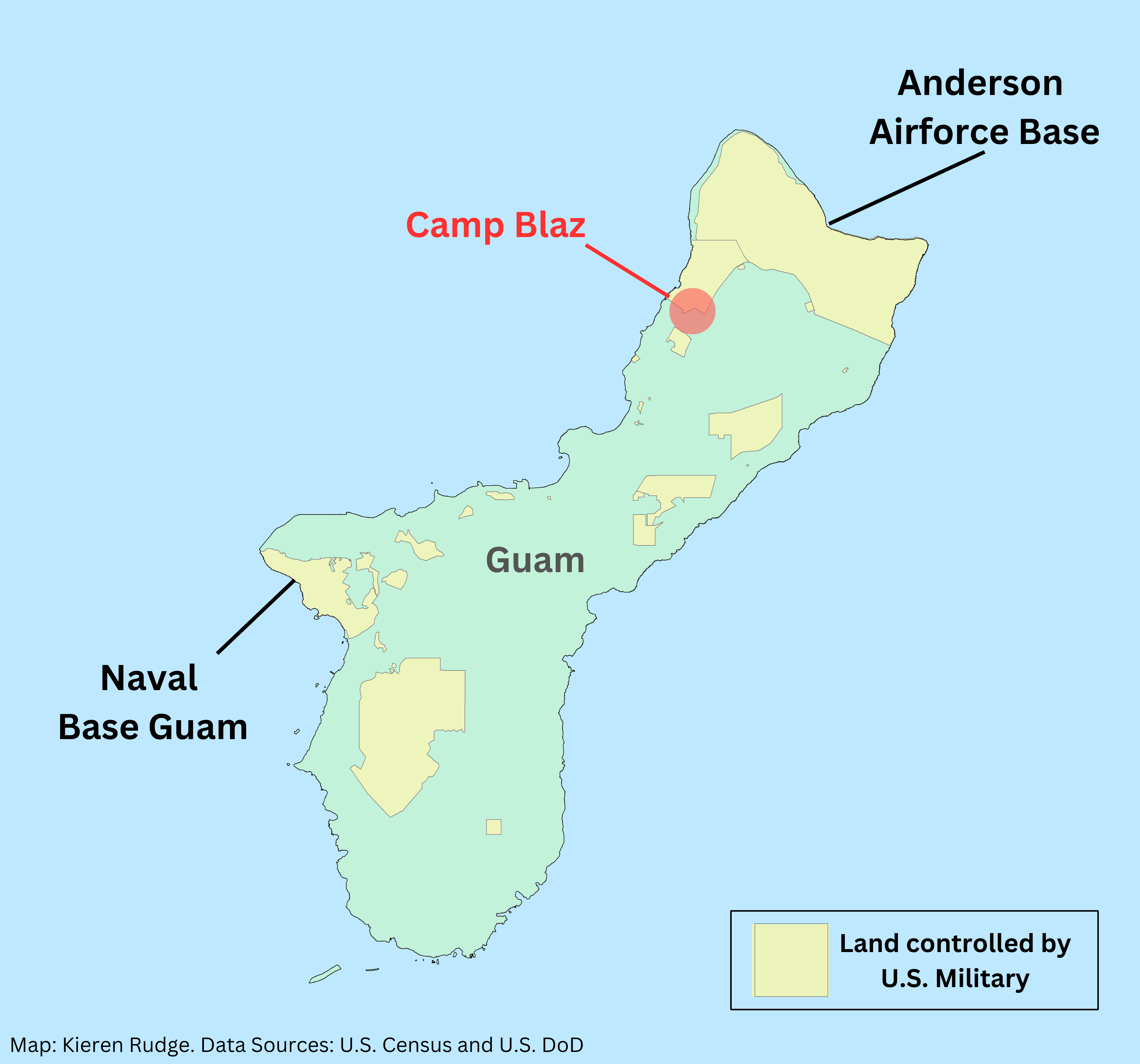 Map of land controlled by the US military in Guam.